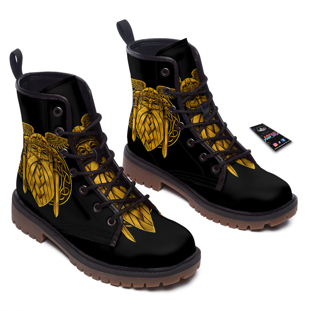 Odin God And Crow Gold Viking Print Work Boots-grizzshop