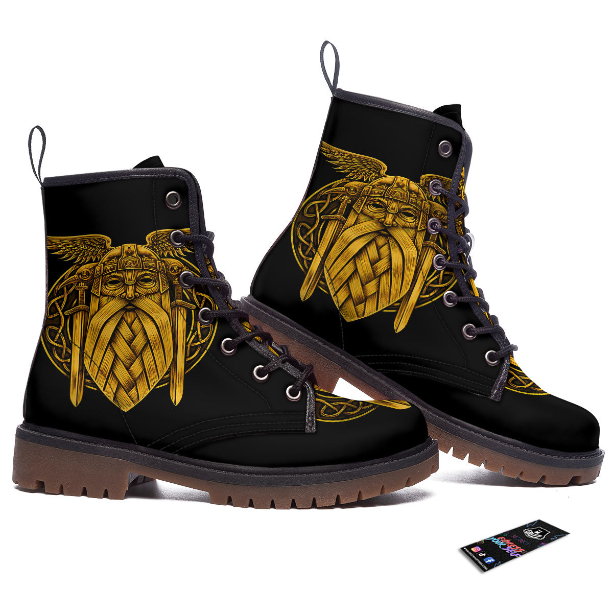 Odin God And Crow Gold Viking Print Work Boots-grizzshop
