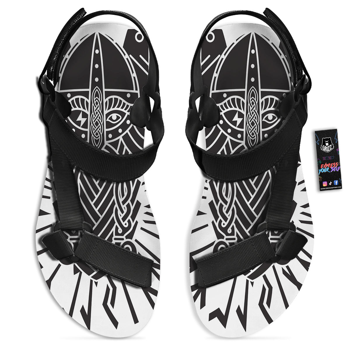 Odin God With Muninn And Huginn Print Black Open Toe Sandals-grizzshop