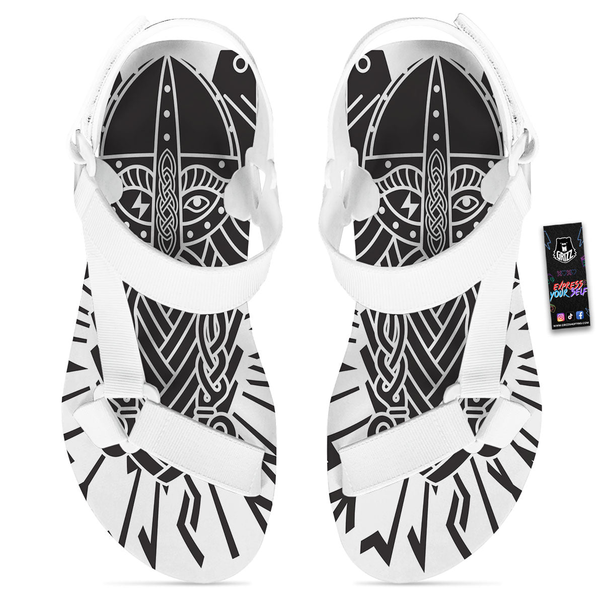 Odin God With Muninn And Huginn Print White Open Toe Sandals-grizzshop