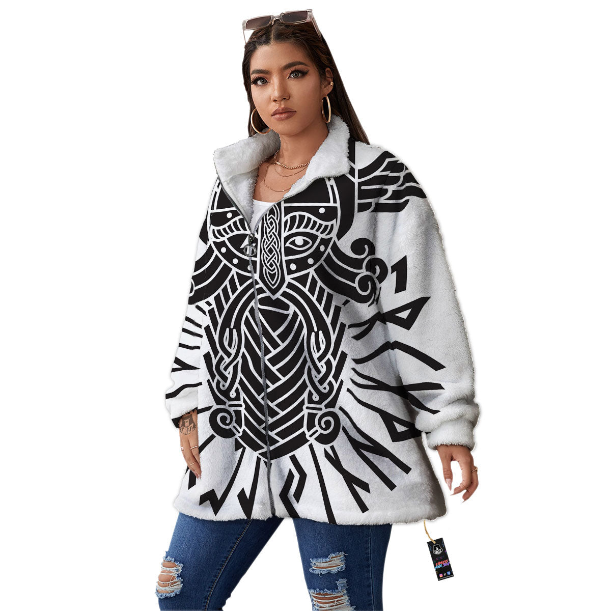 Odin God With Muninn And Huginn Print Women's Sherpa Jacket-grizzshop