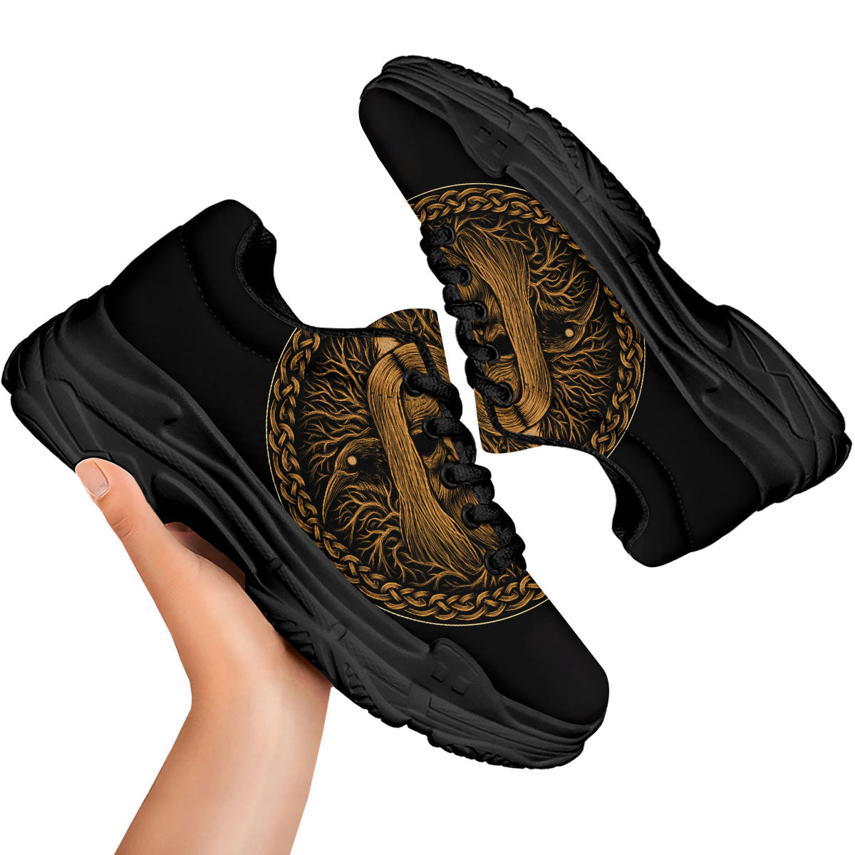Odin Gold With Muninn And Huginn Print Black Chunky Shoes-grizzshop