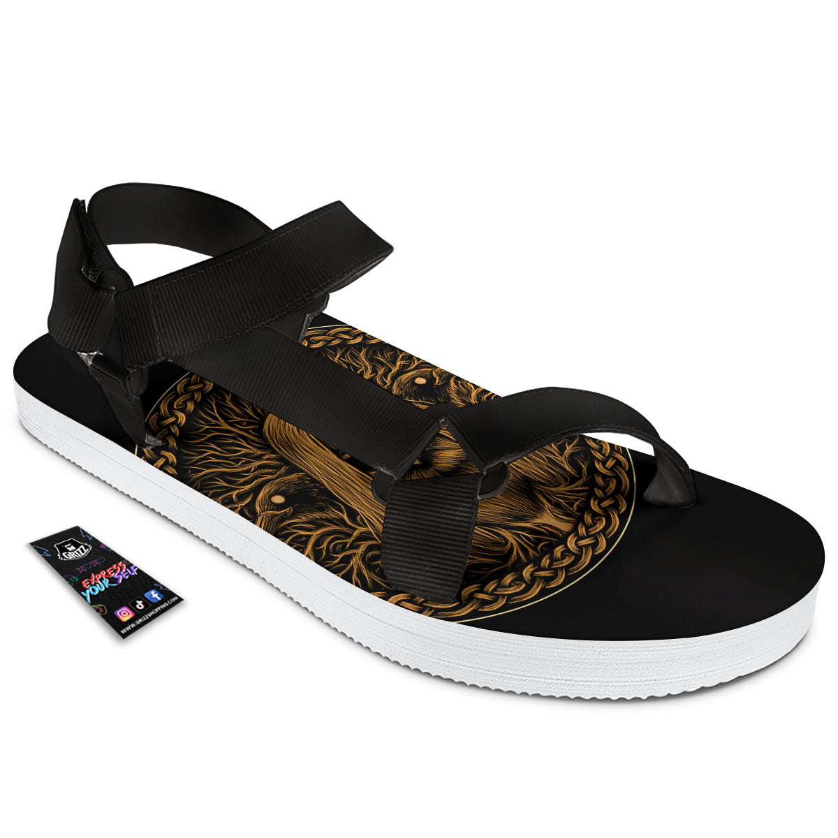 Odin Gold With Muninn And Huginn Print Black Open Toe Sandals-grizzshop