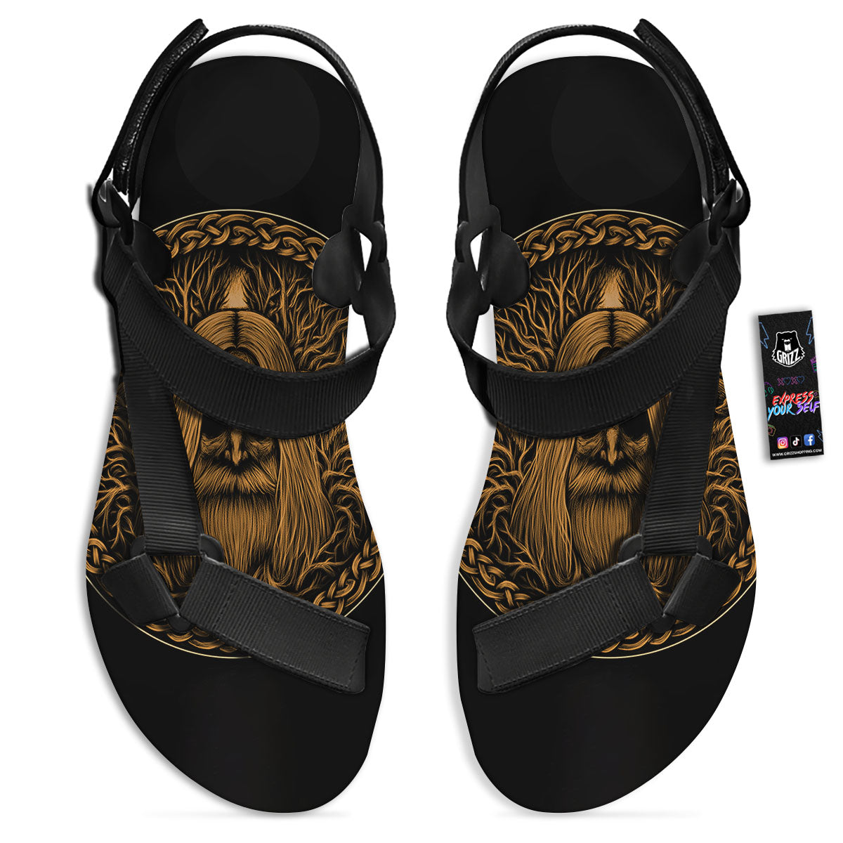 Odin Gold With Muninn And Huginn Print Black Open Toe Sandals-grizzshop