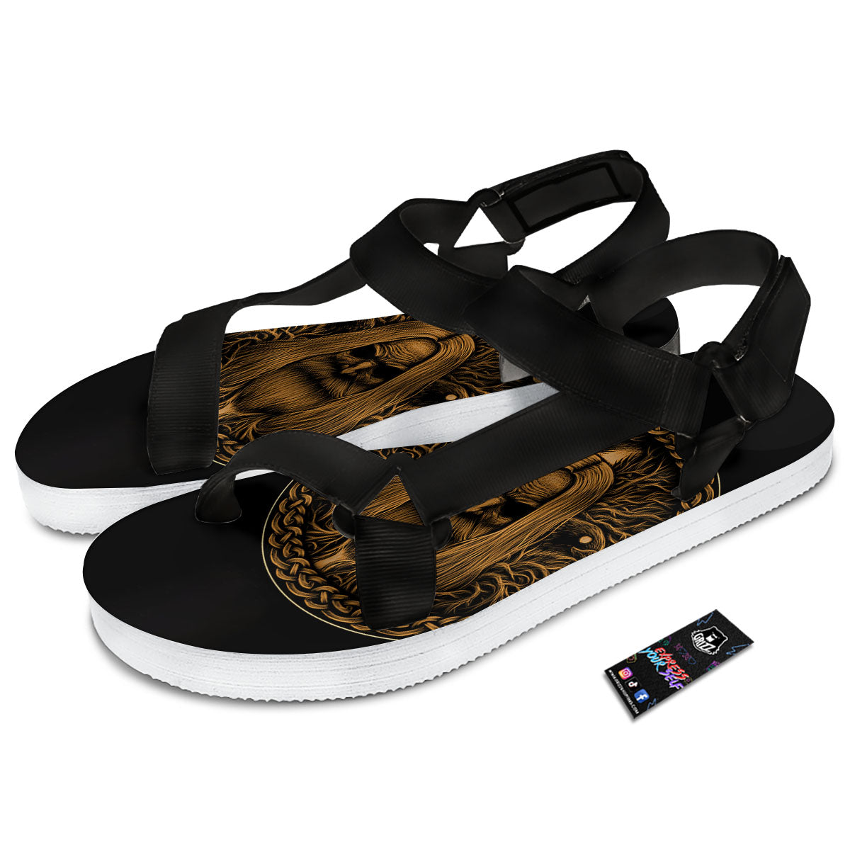 Odin Gold With Muninn And Huginn Print Black Open Toe Sandals-grizzshop