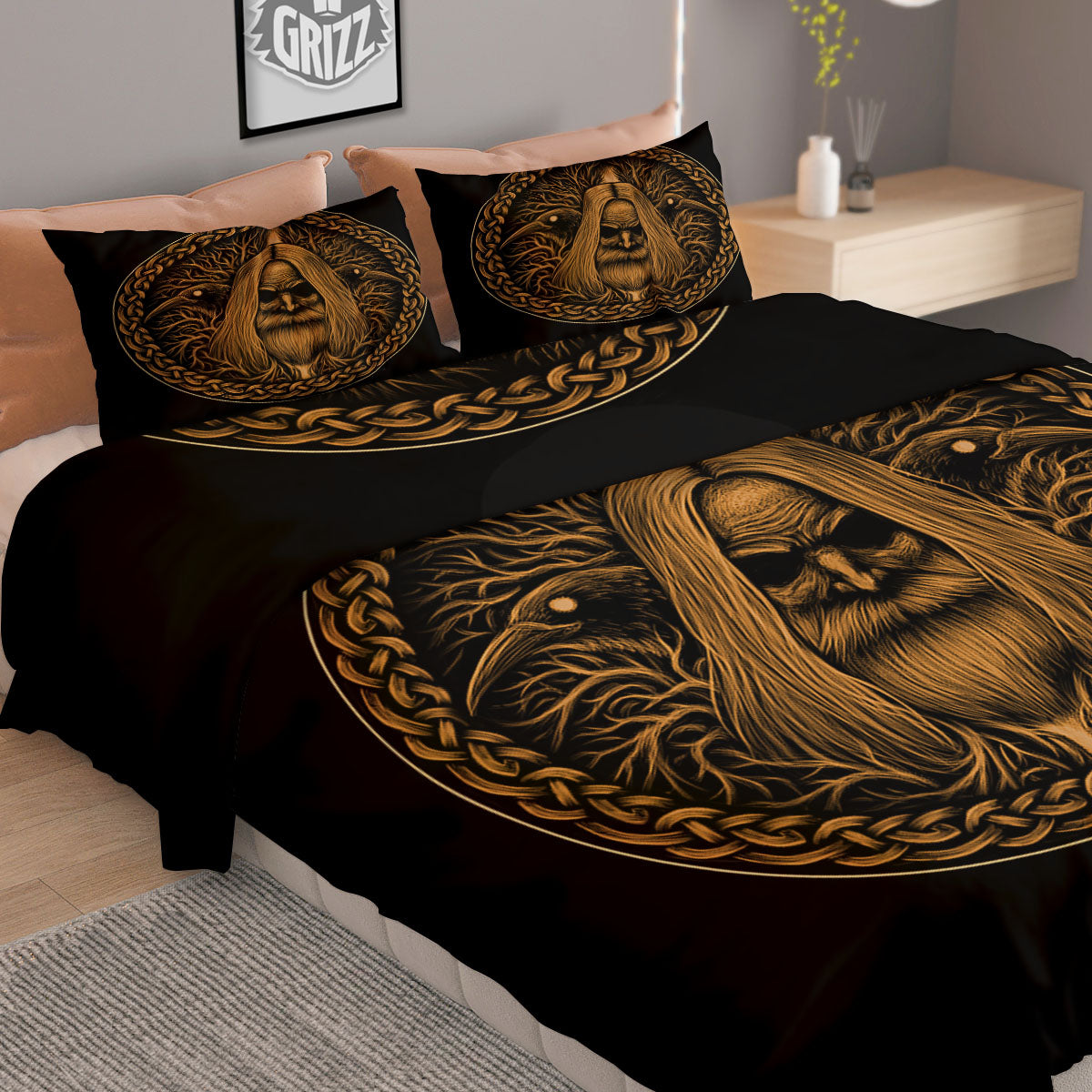 Odin Gold With Muninn And Huginn Print Duvet Cover Bedding Set