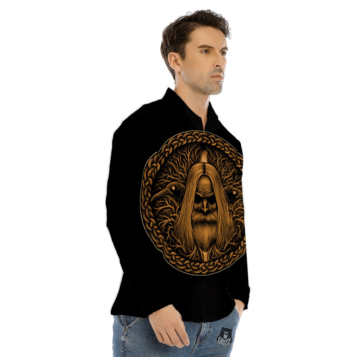 Odin Gold With Muninn And Huginn Print Men's Dress Shirts-grizzshop