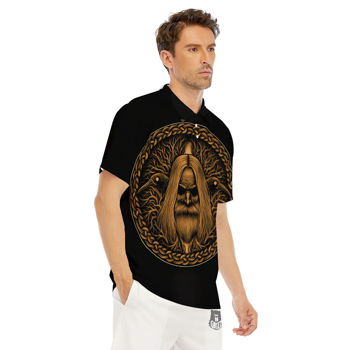 Odin Gold With Muninn And Huginn Print Men's Golf Shirts-grizzshop