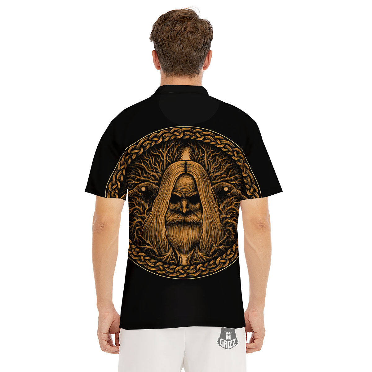 Odin Gold With Muninn And Huginn Print Men's Golf Shirts-grizzshop