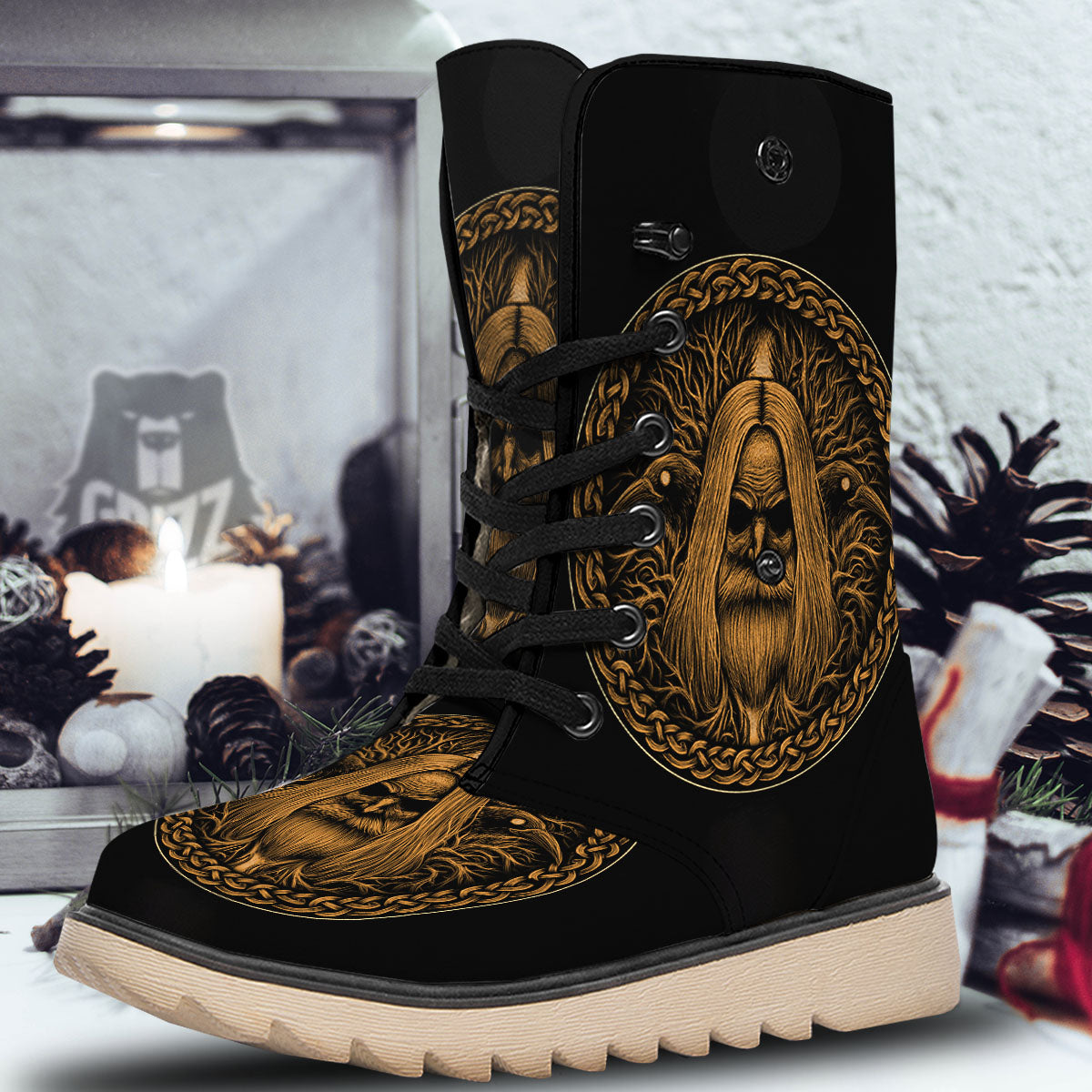 Odin Gold With Muninn And Huginn Print Snow Boots-grizzshop