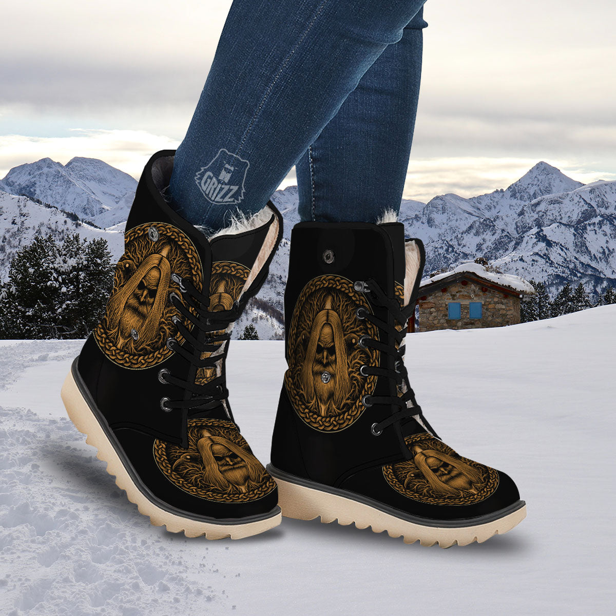 Odin Gold With Muninn And Huginn Print Snow Boots-grizzshop