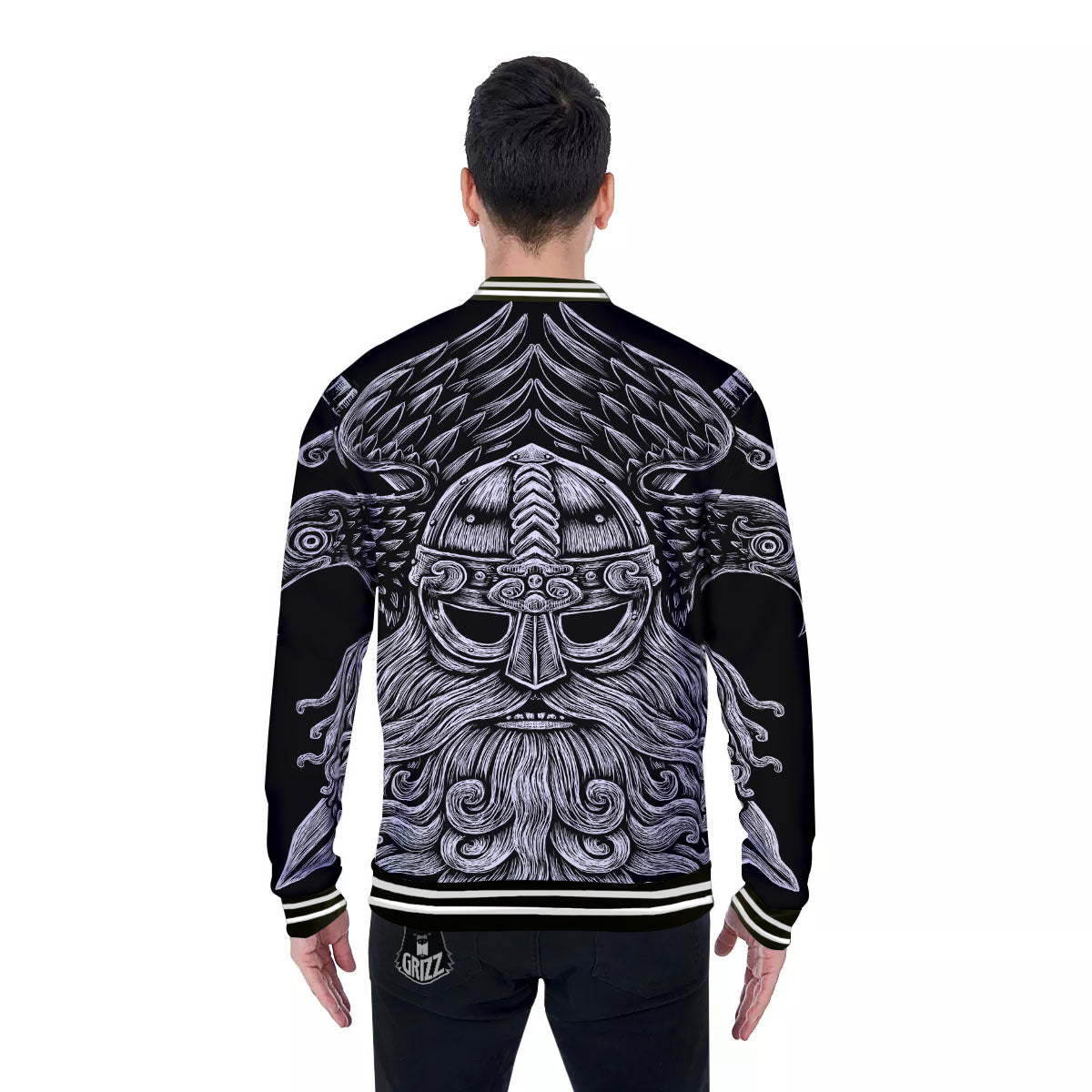Odin With Crows White And Black Print Baseball Jacket-grizzshop