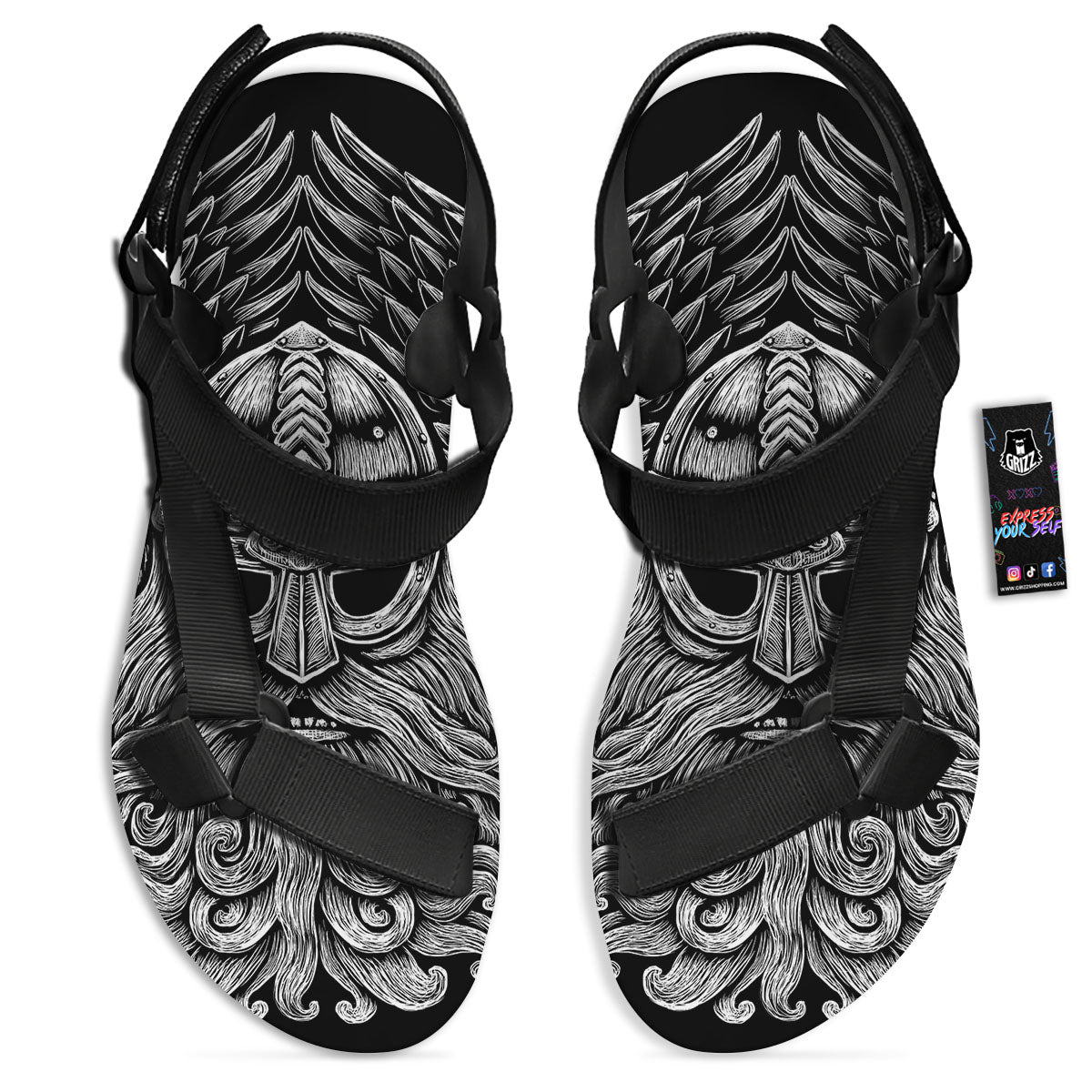 Odin With Crows White And Black Print Black Open Toe Sandals-grizzshop