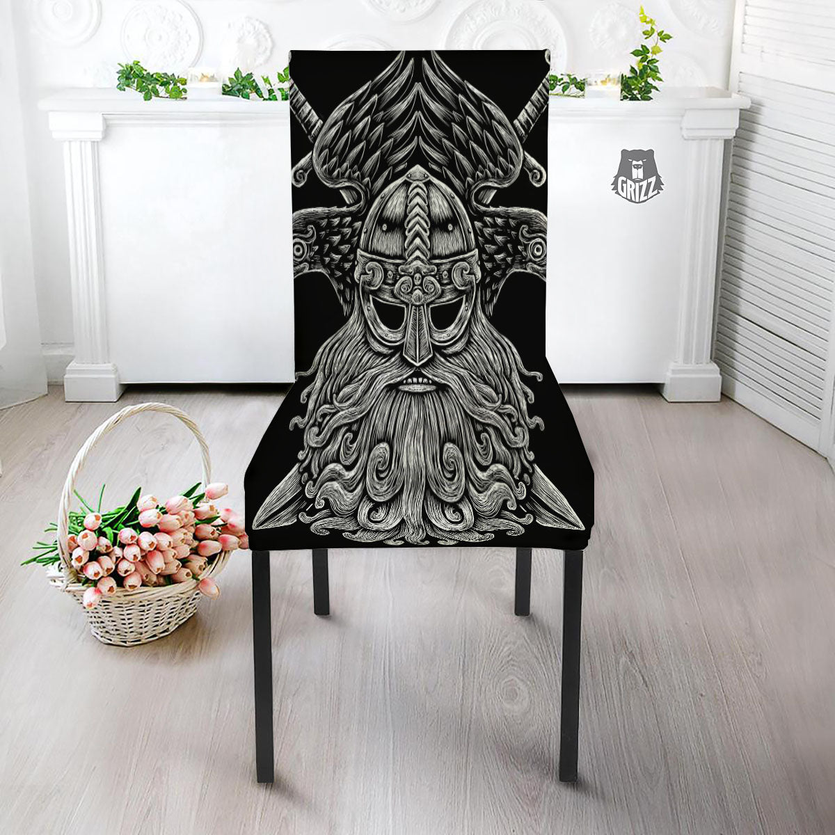 Odin With Crows White And Black Print Dining Chair Slipcover-grizzshop