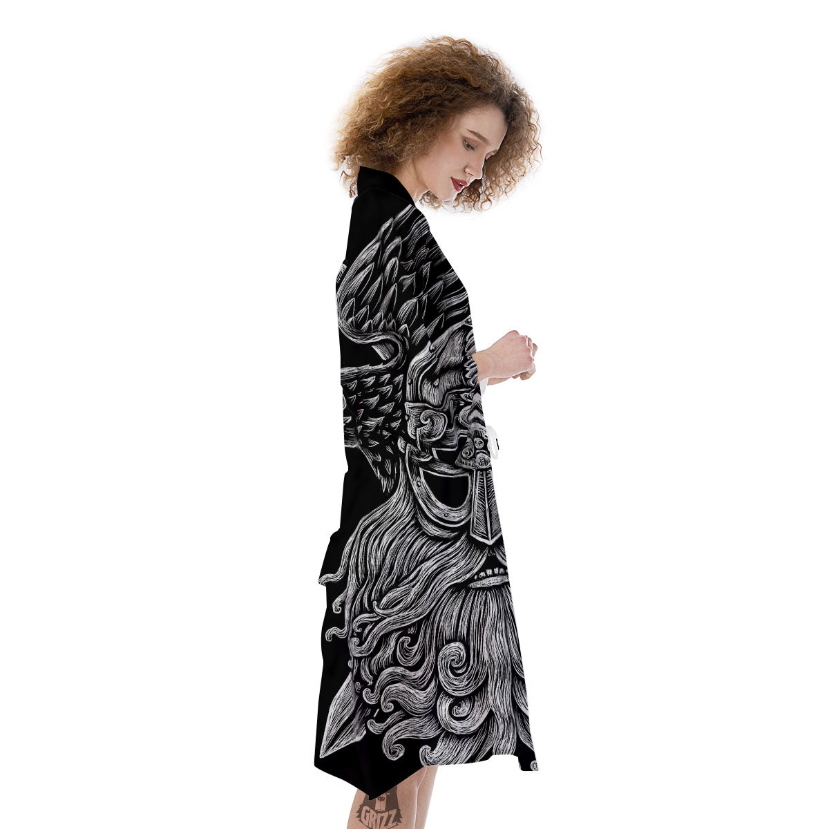 Odin With Crows White And Black Print Kimono-grizzshop