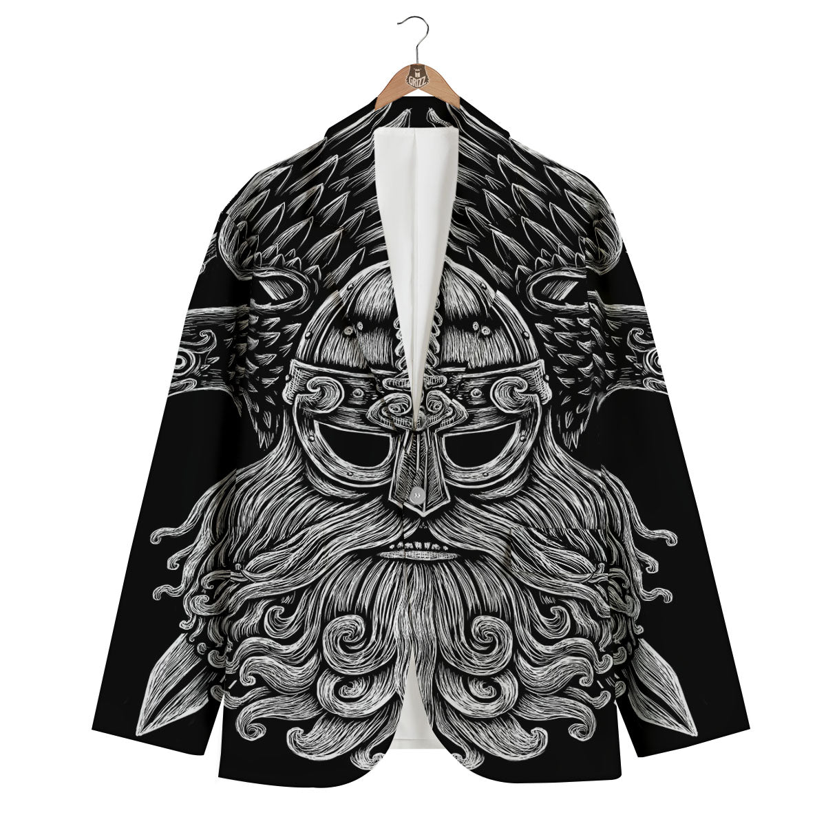 Odin With Crows White And Black Print Men's Blazer-grizzshop