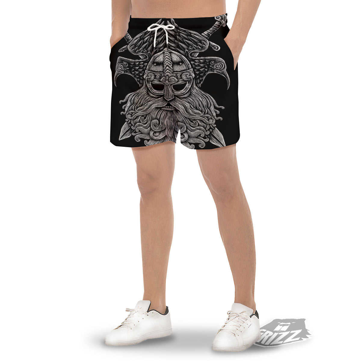 Odin With Crows White And Black Print Men's Gym Shorts-grizzshop