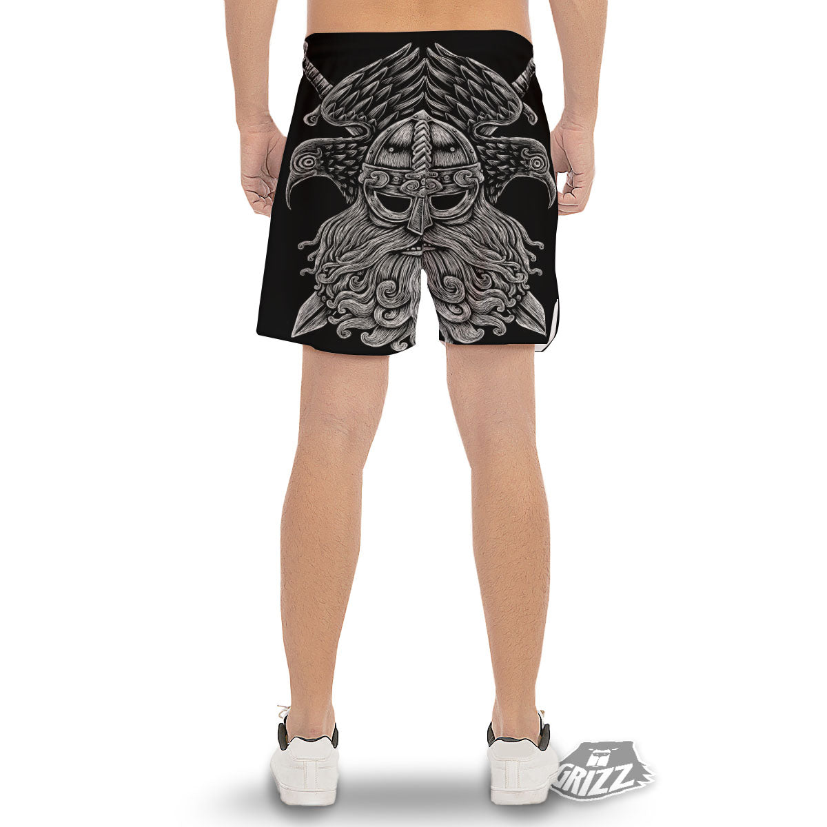 Odin With Crows White And Black Print Men's Gym Shorts-grizzshop