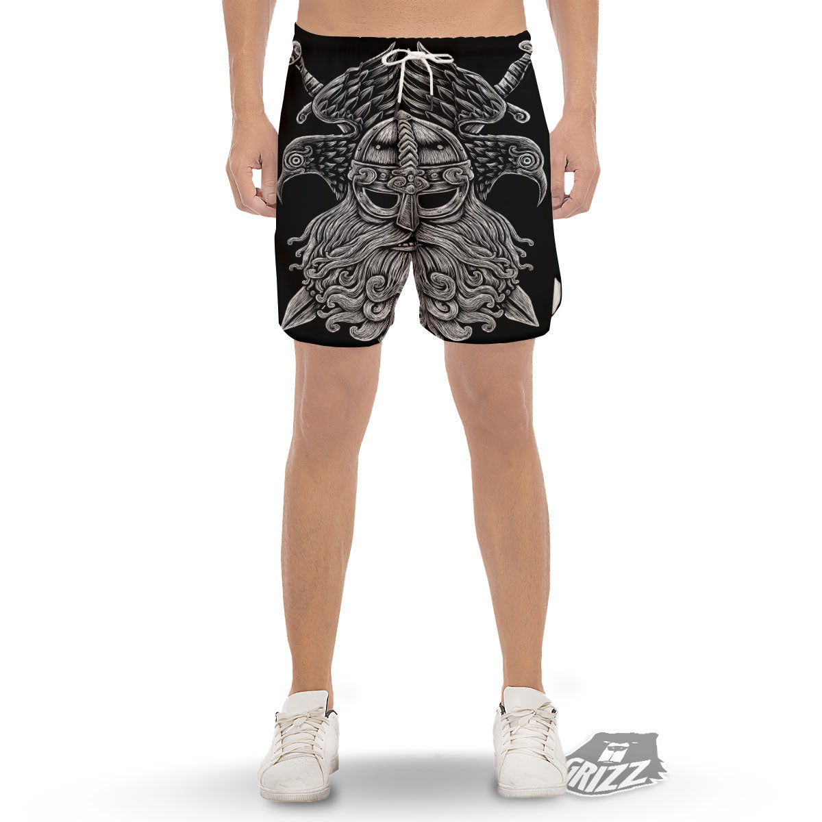 Odin With Crows White And Black Print Men's Gym Shorts-grizzshop