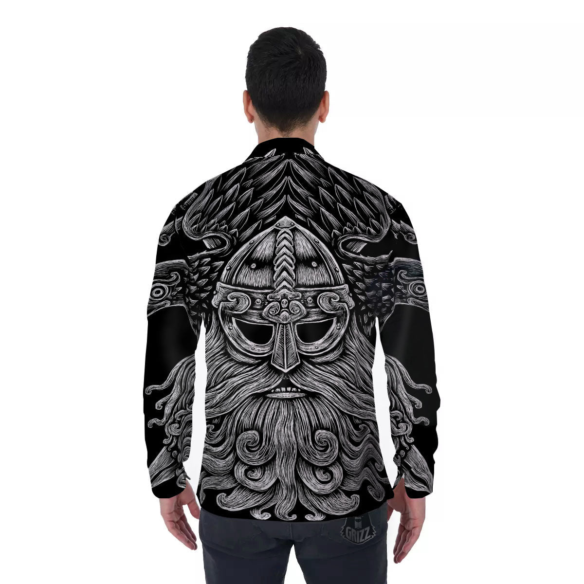 Odin With Crows White And Black Print Men's Long Sleeve Shirts-grizzshop