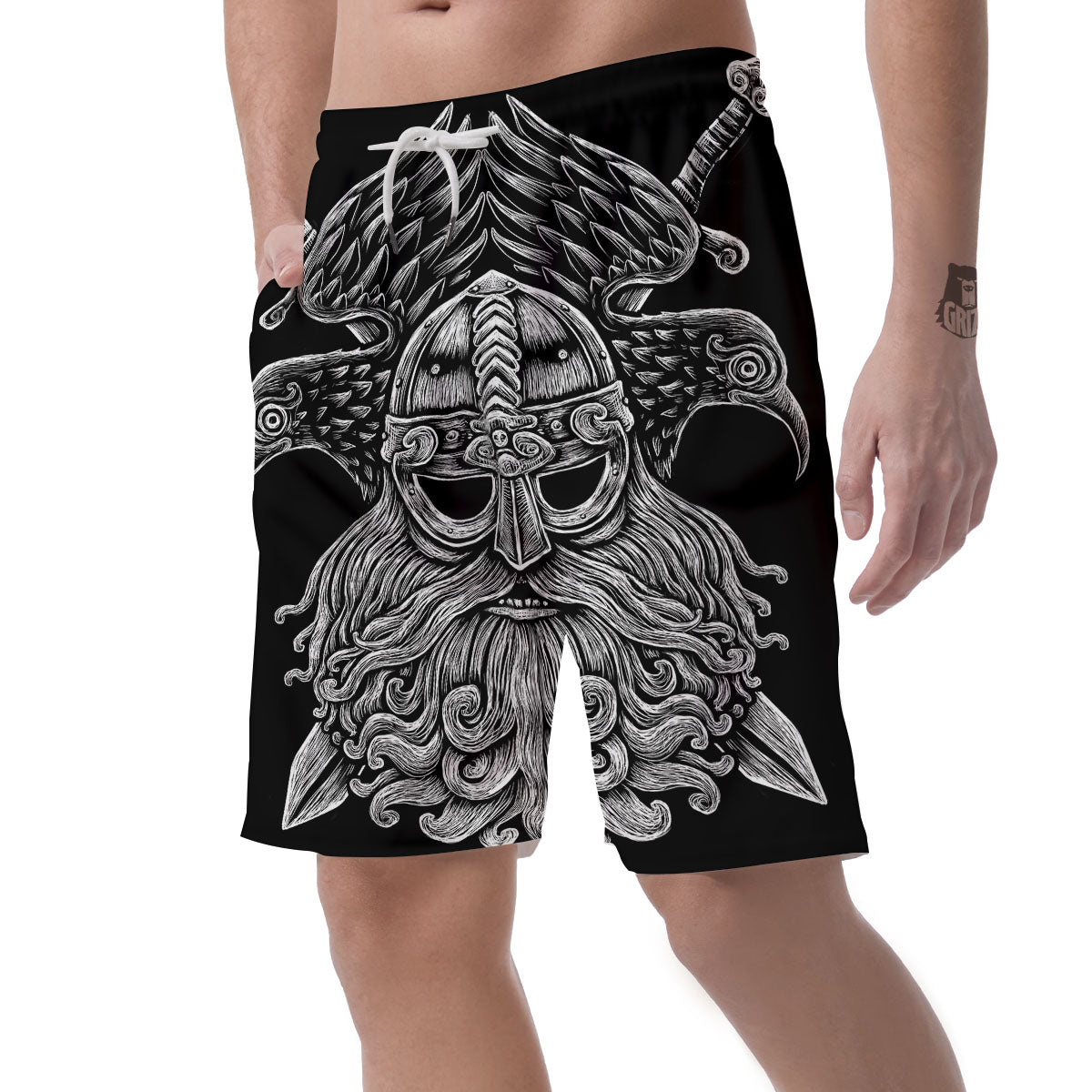 Odin With Crows White And Black Print Men's Shorts-grizzshop