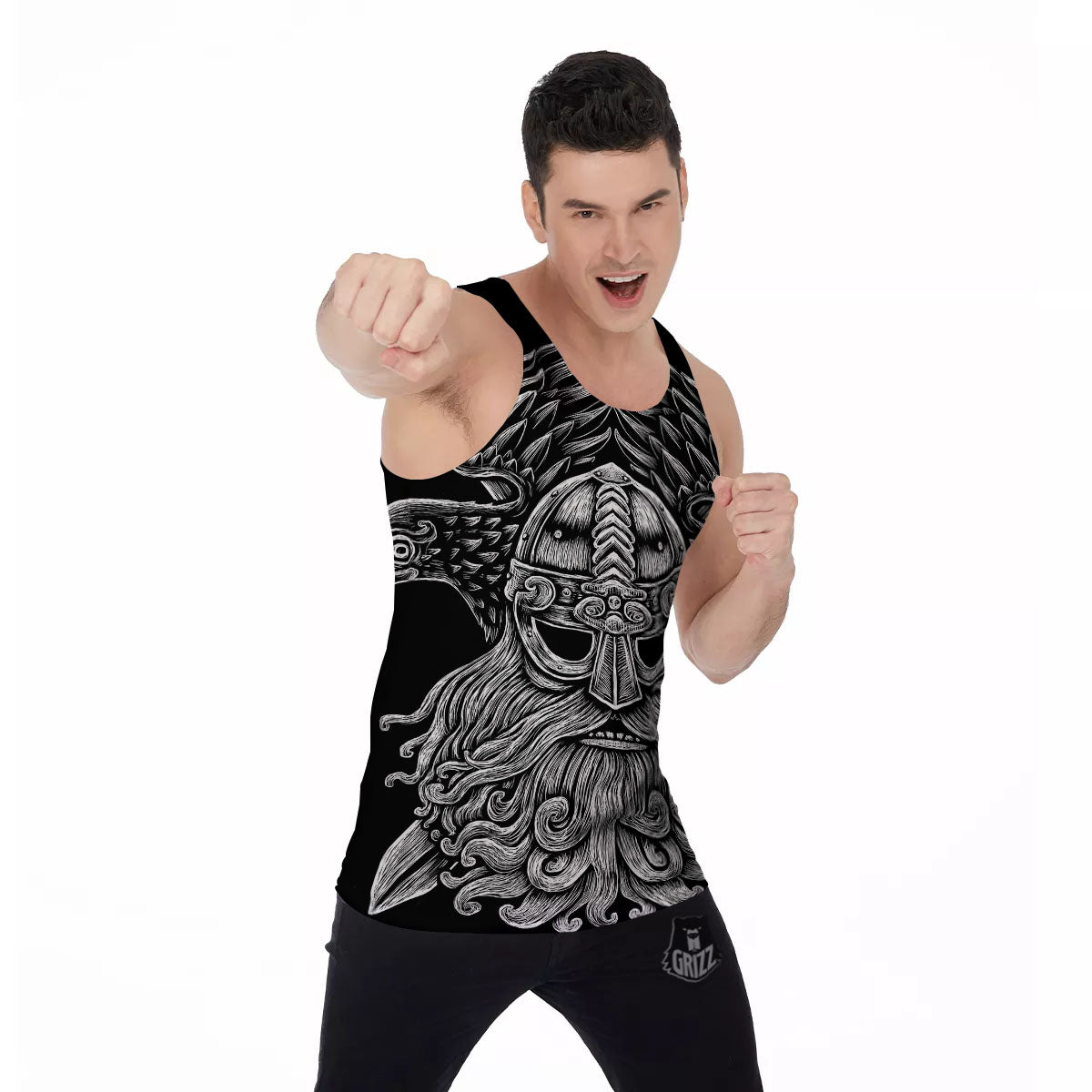 Odin With Crows White And Black Print Men's Tank Top-grizzshop