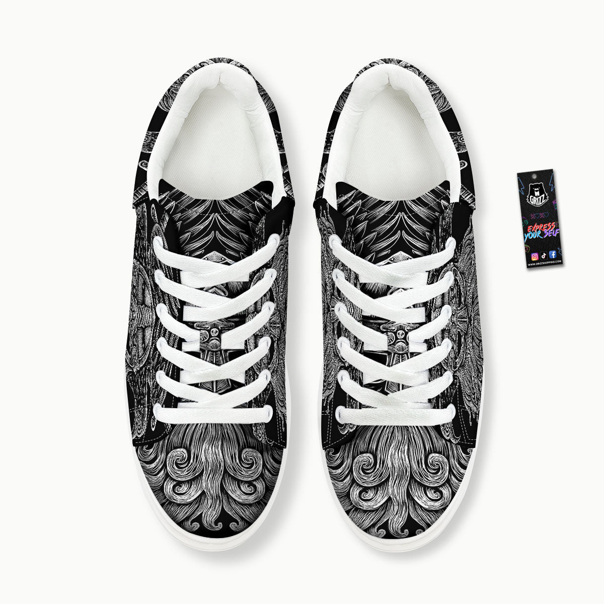 Odin With Crows White And Black Print Platform Shoes-grizzshop