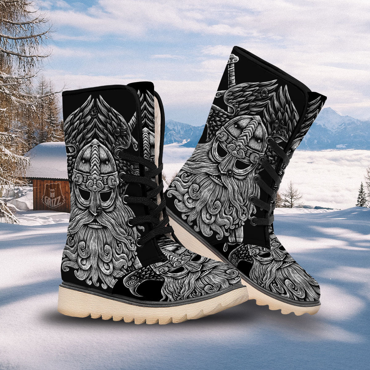 Odin With Crows White And Black Print Snow Boots-grizzshop