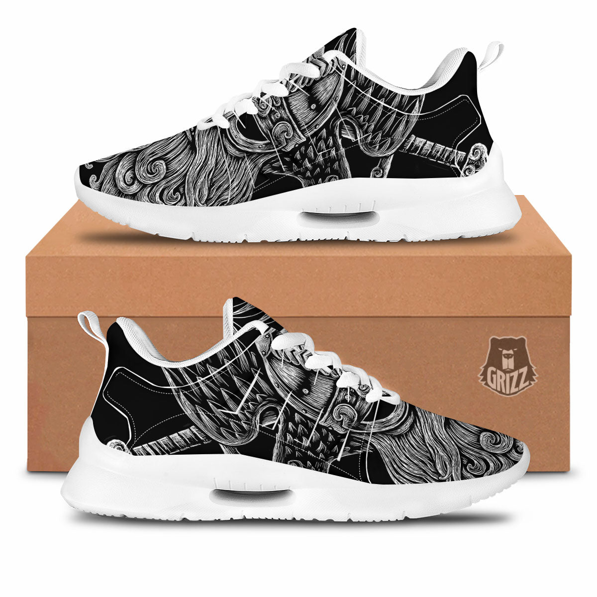 Odin With Crows White And Black Print Tennis Shoes-grizzshop