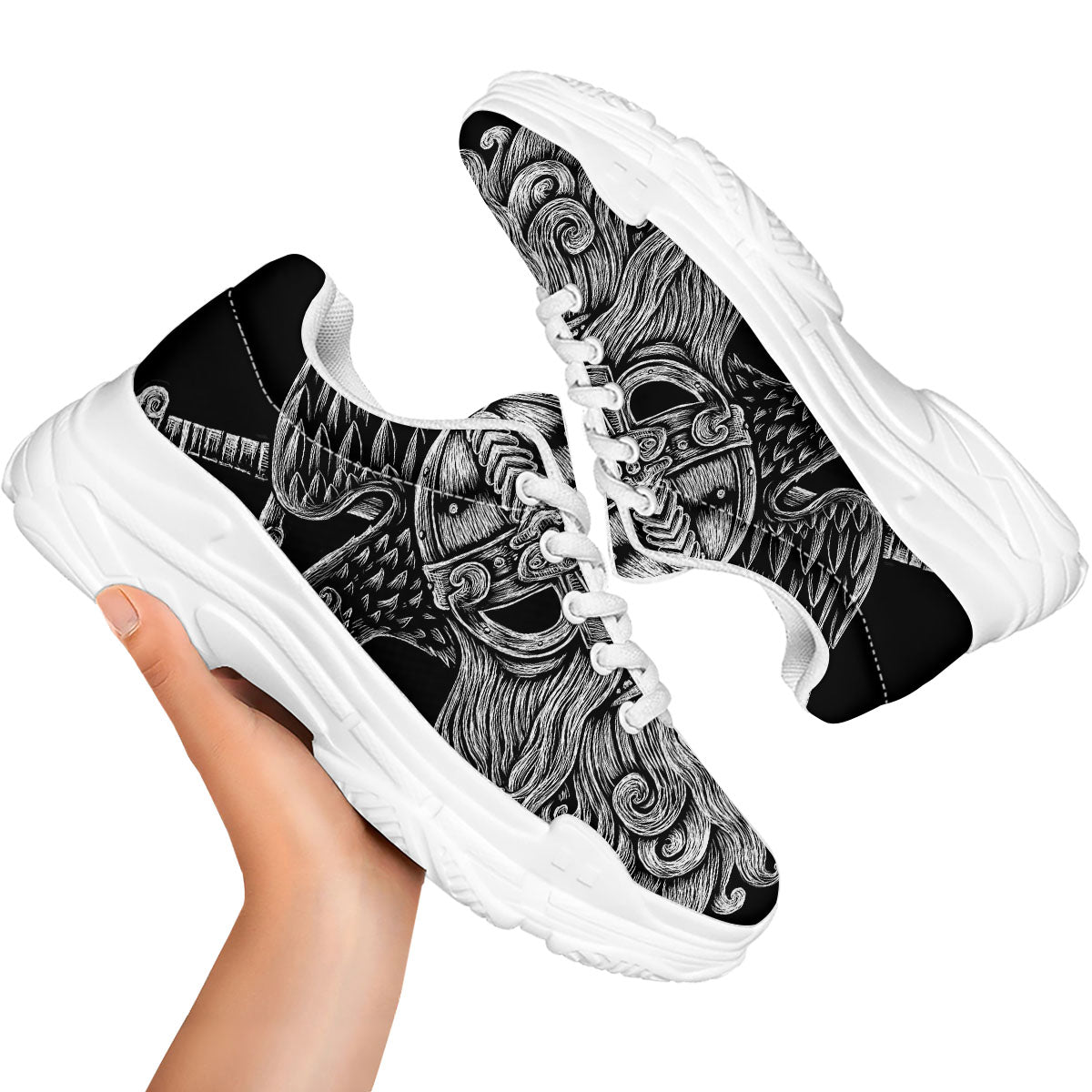 Odin With Crows White And Black Print White Chunky Shoes-grizzshop