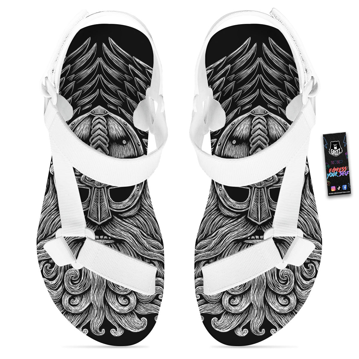 Odin With Crows White And Black Print White Open Toe Sandals-grizzshop