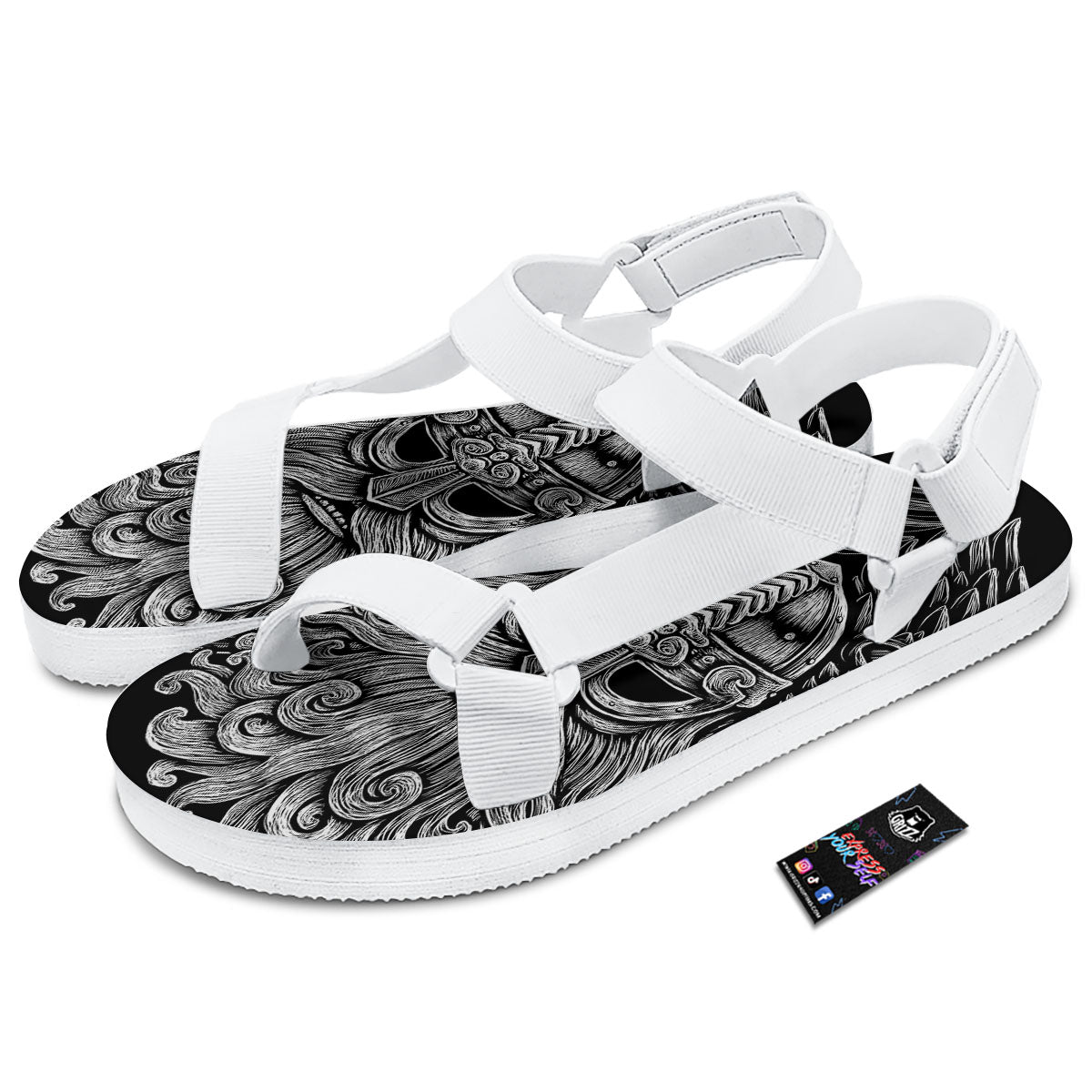 Odin With Crows White And Black Print White Open Toe Sandals-grizzshop