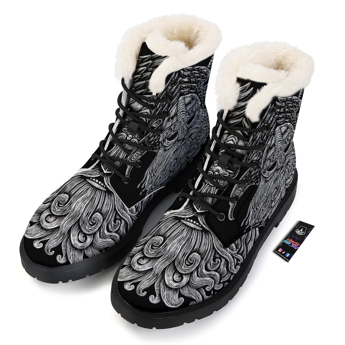 Odin With Crows White And Black Print Winter Boots-grizzshop