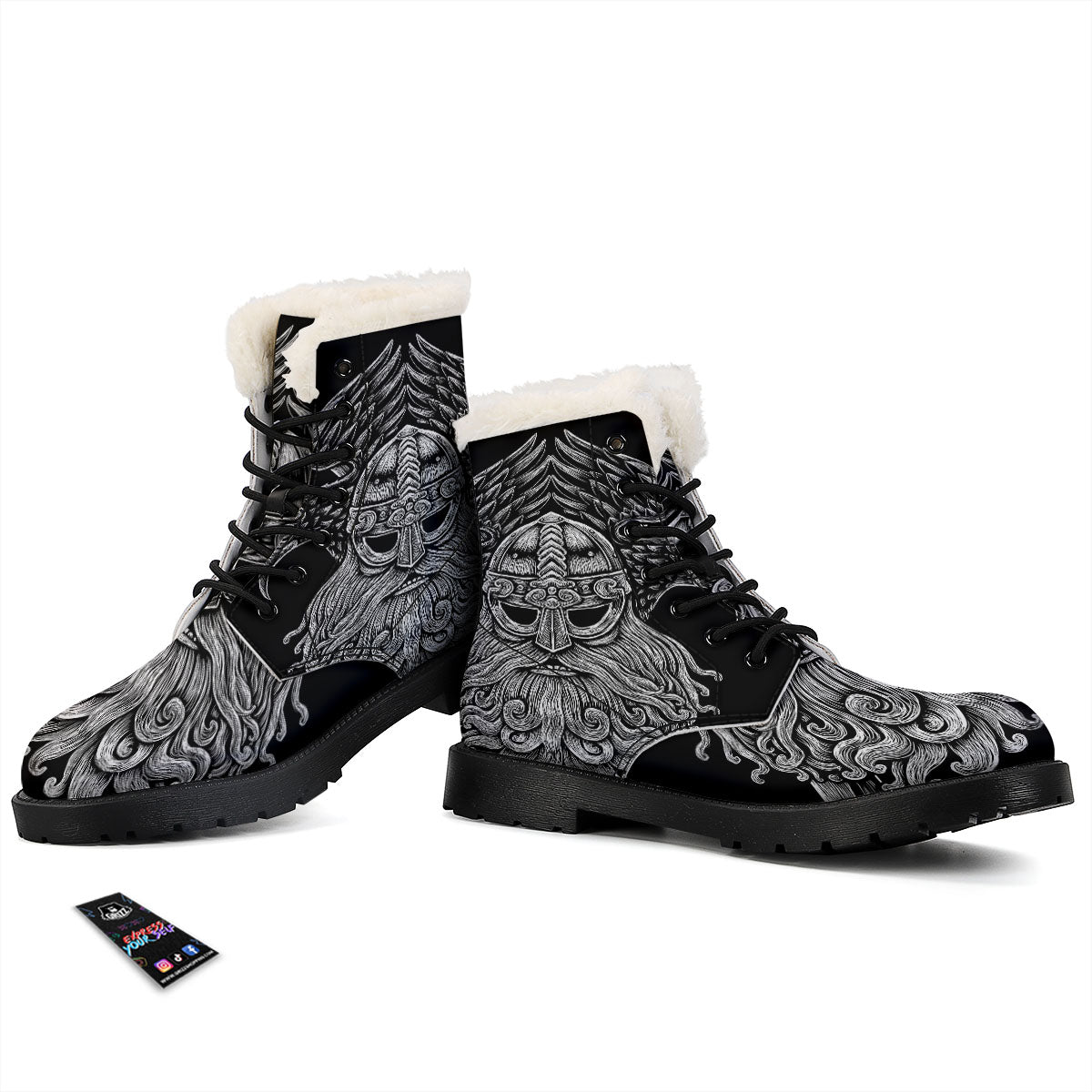 Odin With Crows White And Black Print Winter Boots-grizzshop