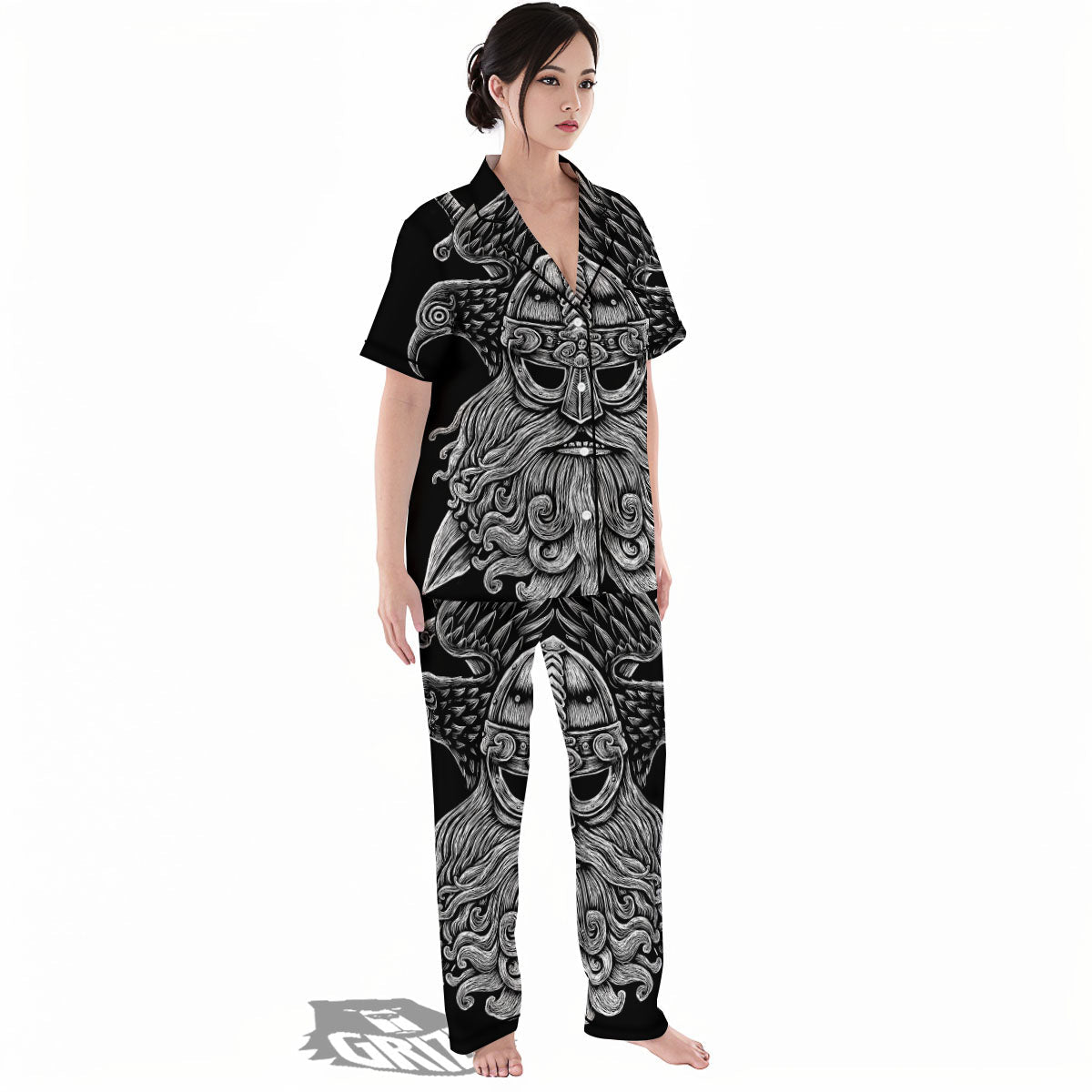 Odin With Crows White And Black Print Women's Pajamas Set-grizzshop