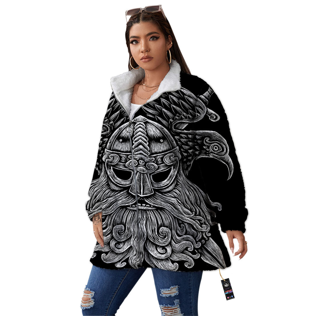 Odin With Crows White And Black Print Women's Sherpa Jacket-grizzshop