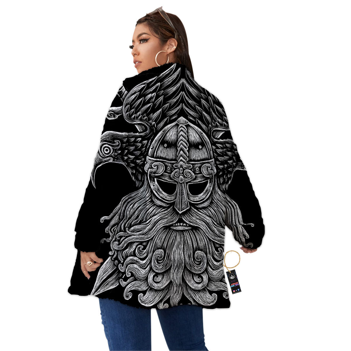 Odin With Crows White And Black Print Women's Sherpa Jacket-grizzshop