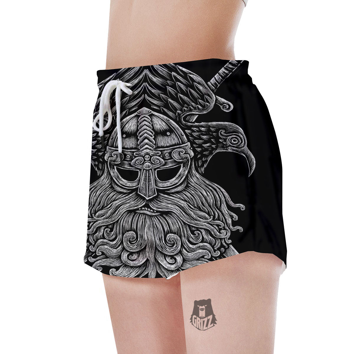 Odin With Crows White And Black Print Women's Shorts-grizzshop