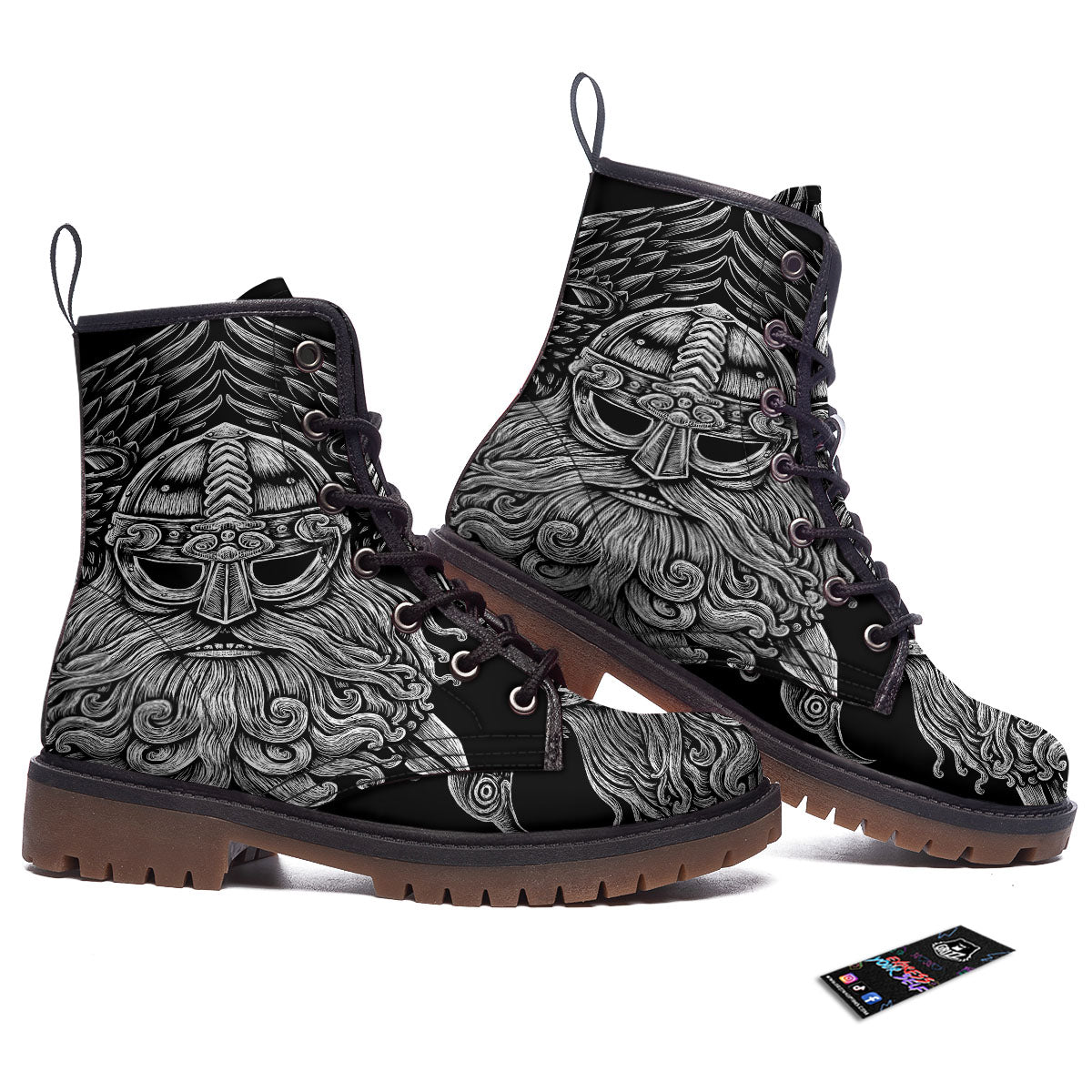Odin With Crows White And Black Print Work Boots-grizzshop