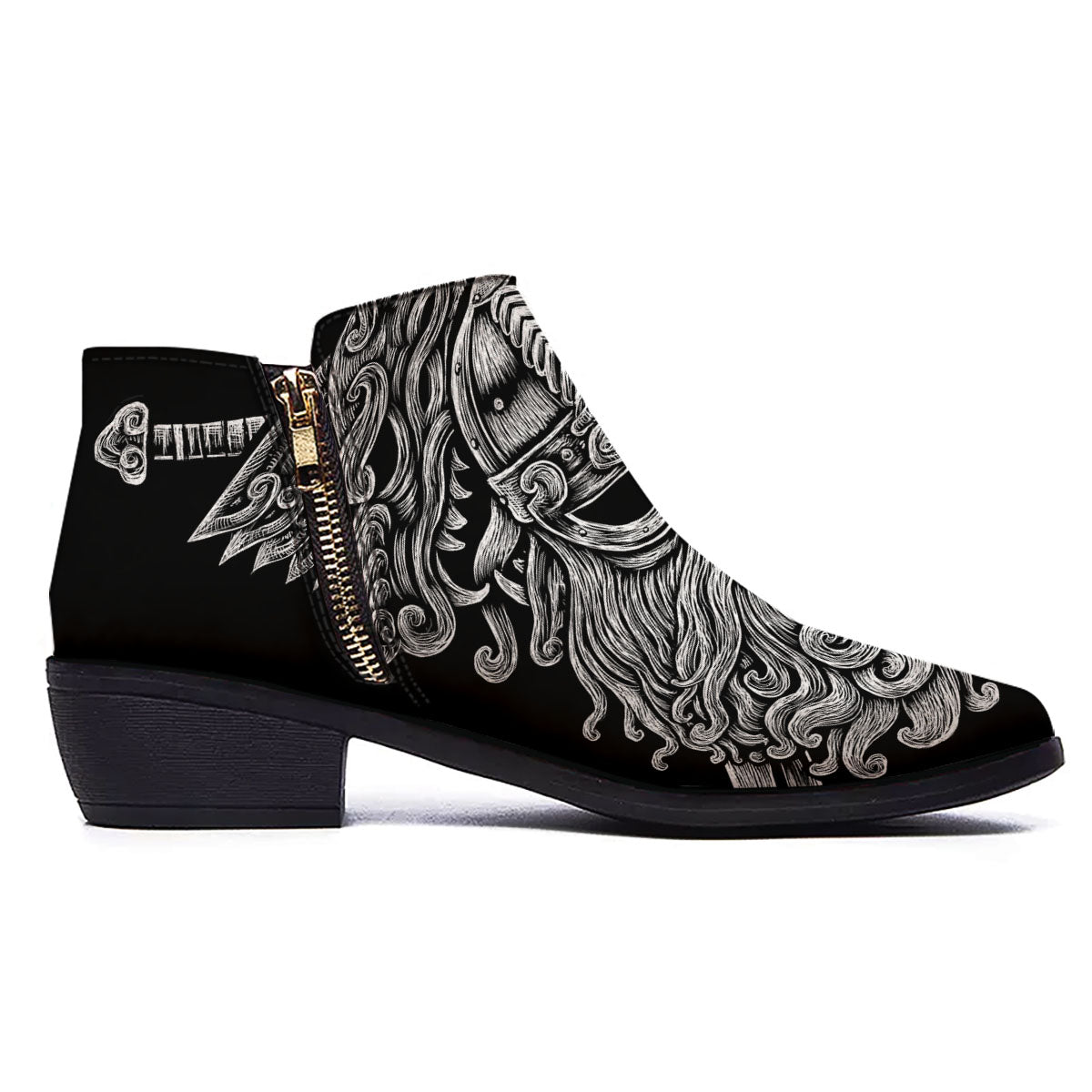 Odin With Wolfs White And Black Print Ankle Boots-grizzshop