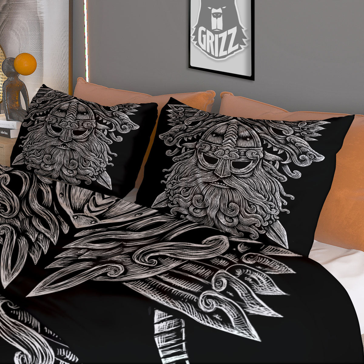 Odin With Wolfs White And Black Print Duvet Cover Bedding Set