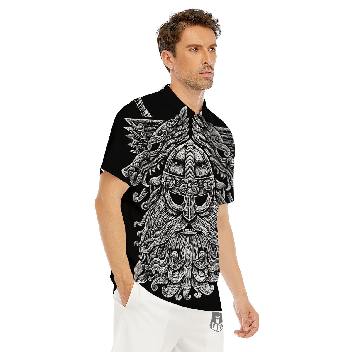Odin With Wolfs White And Black Print Men's Golf Shirts-grizzshop
