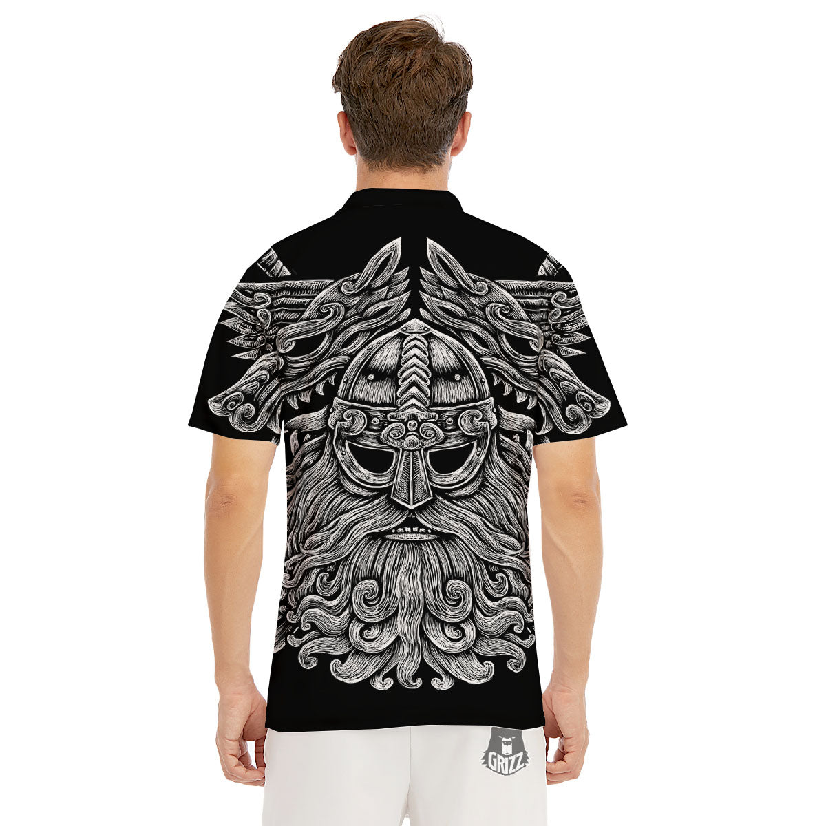 Odin With Wolfs White And Black Print Men's Golf Shirts-grizzshop