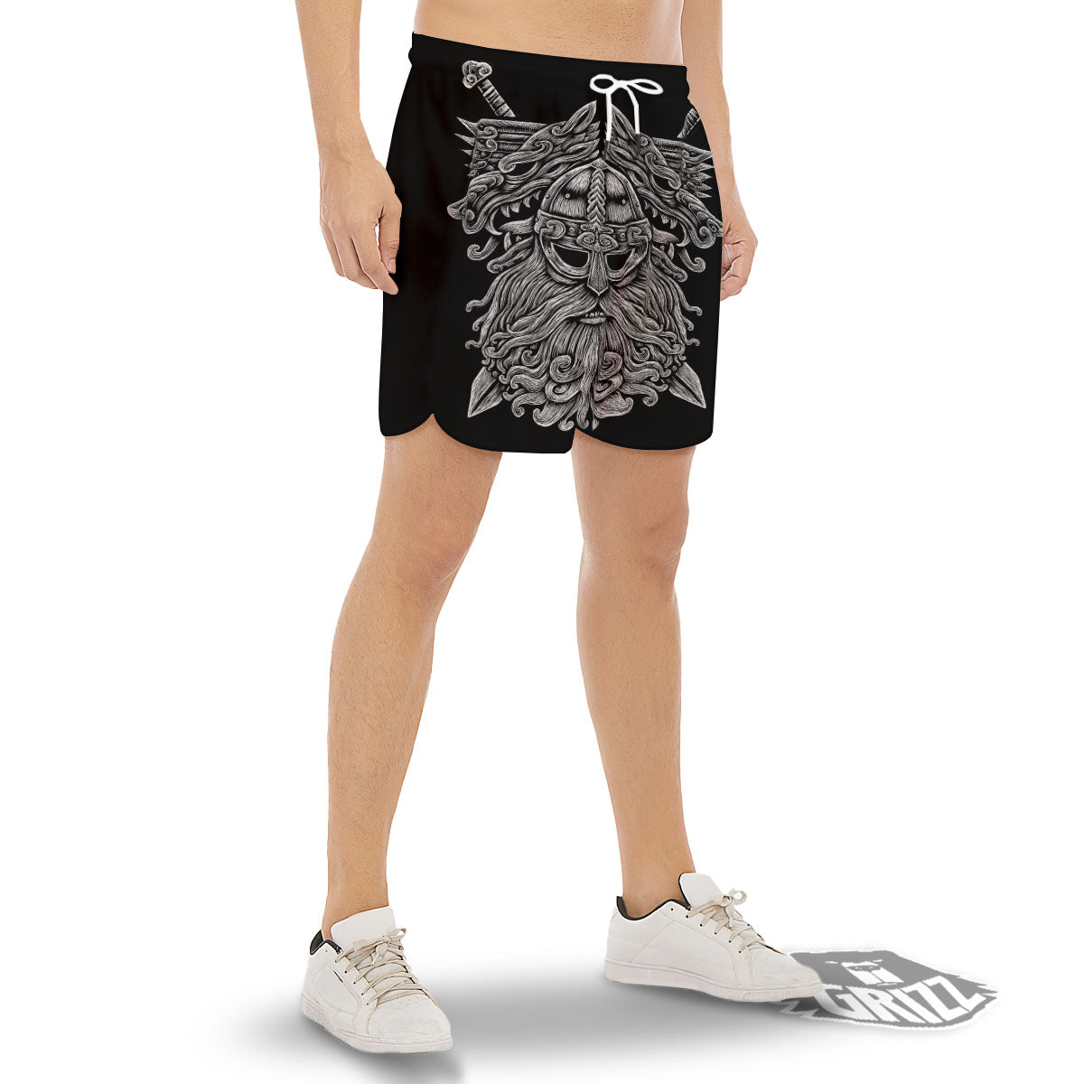 Odin With Wolfs White And Black Print Men's Gym Shorts-grizzshop