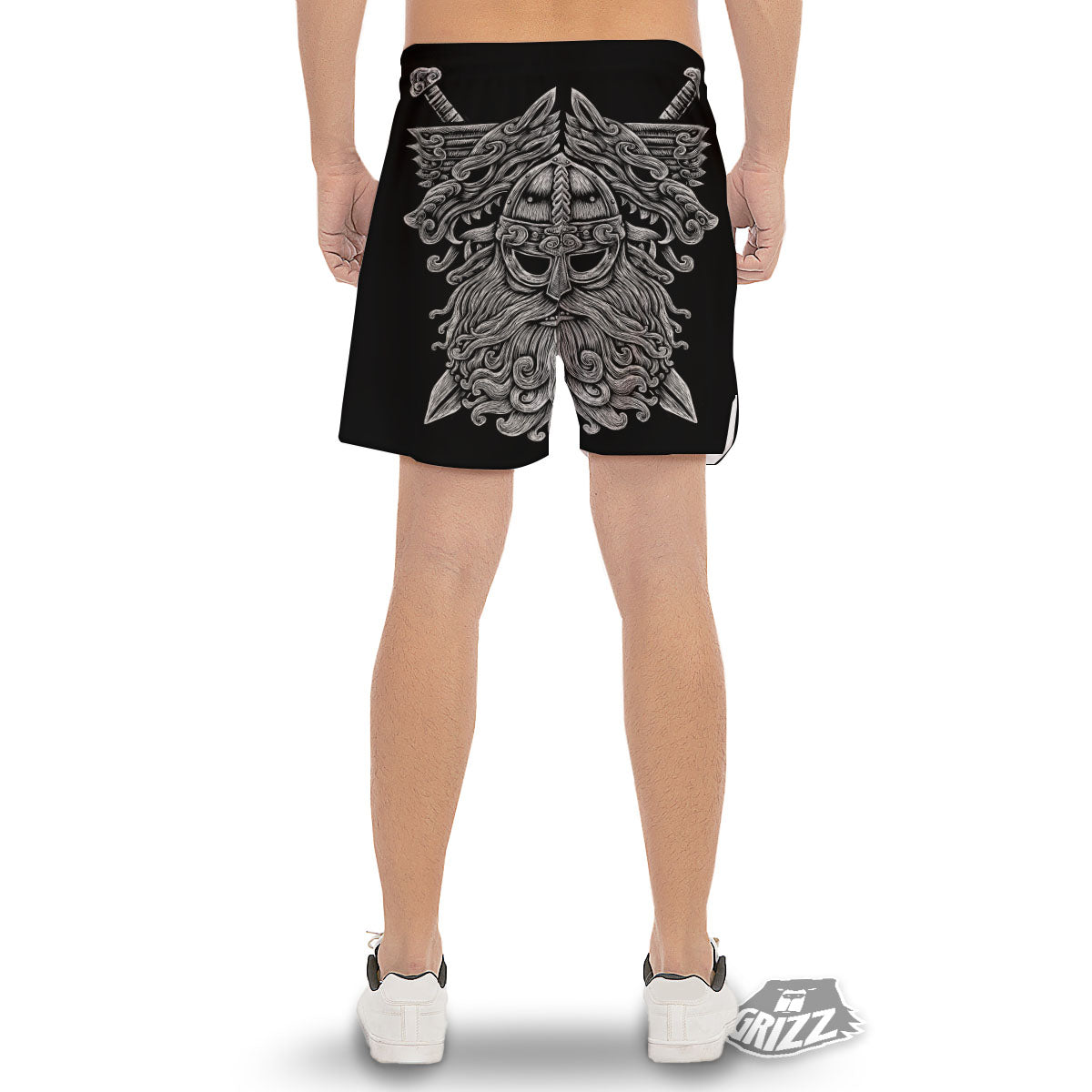 Odin With Wolfs White And Black Print Men's Gym Shorts-grizzshop