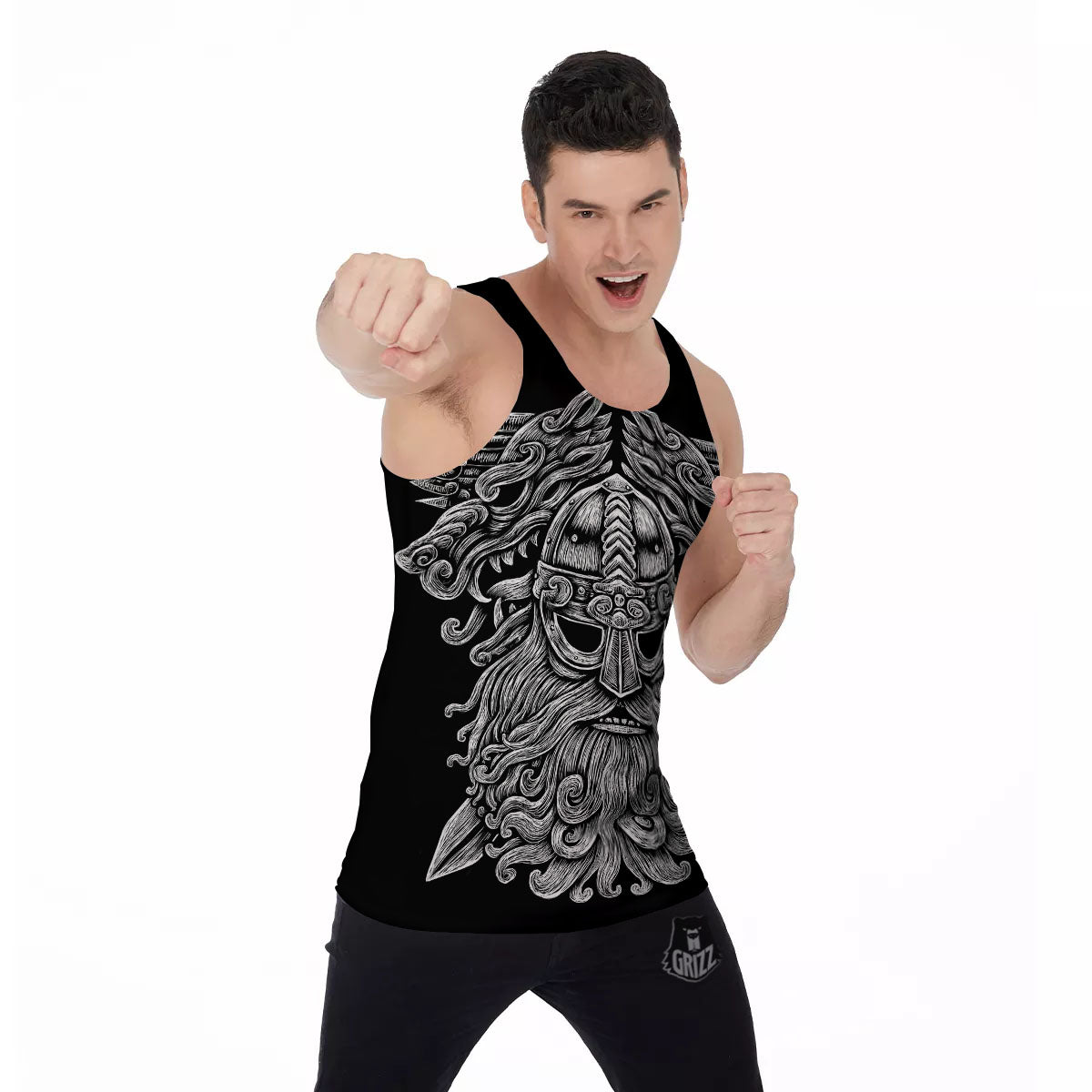 Odin With Wolfs White And Black Print Men's Tank Top-grizzshop