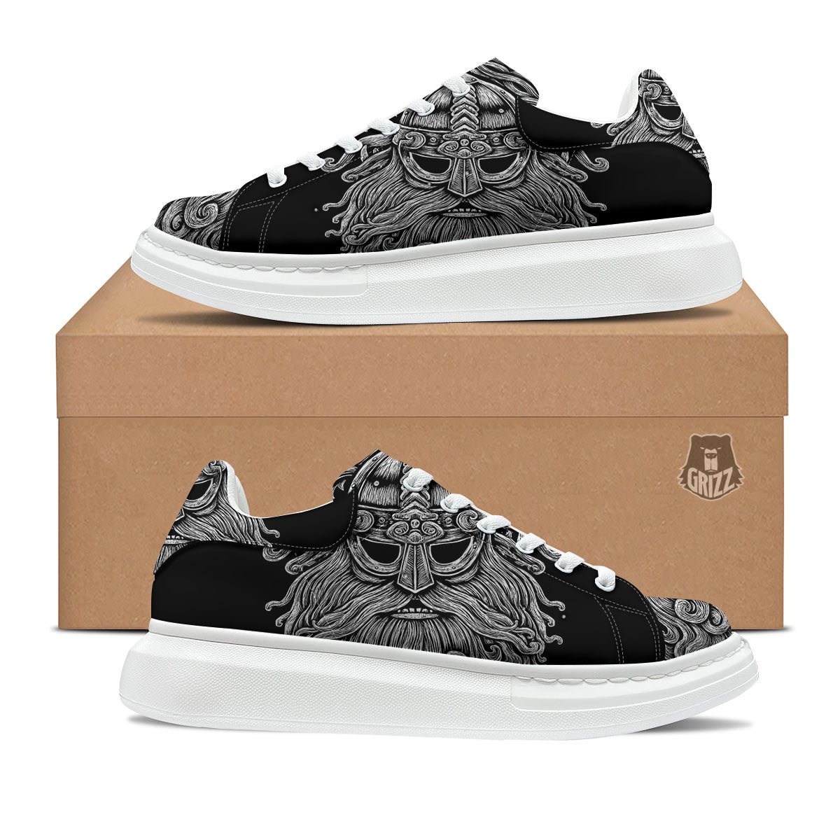 Odin With Wolfs White And Black Print Platform Shoes-grizzshop