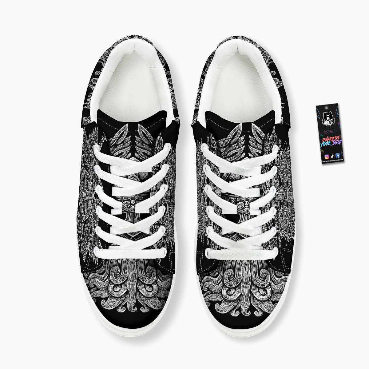 Odin With Wolfs White And Black Print Platform Shoes-grizzshop
