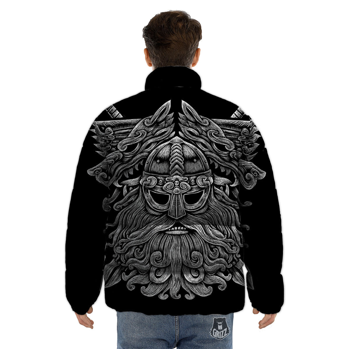 Odin With Wolfs White And Black Print Puffer Jacket-grizzshop