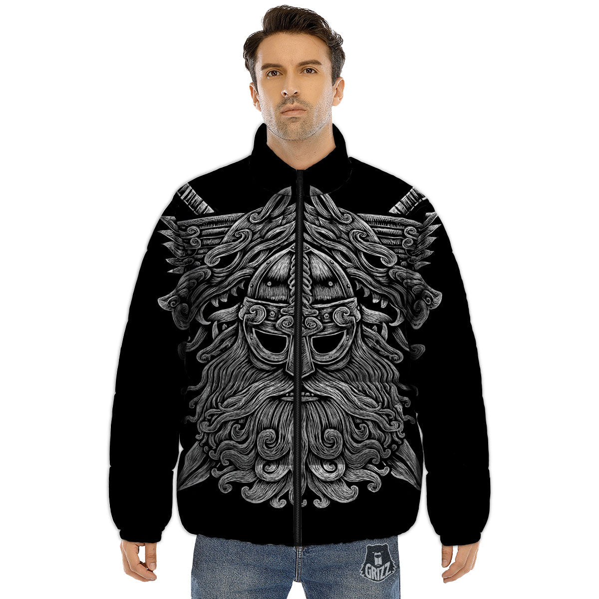 Odin With Wolfs White And Black Print Puffer Jacket-grizzshop